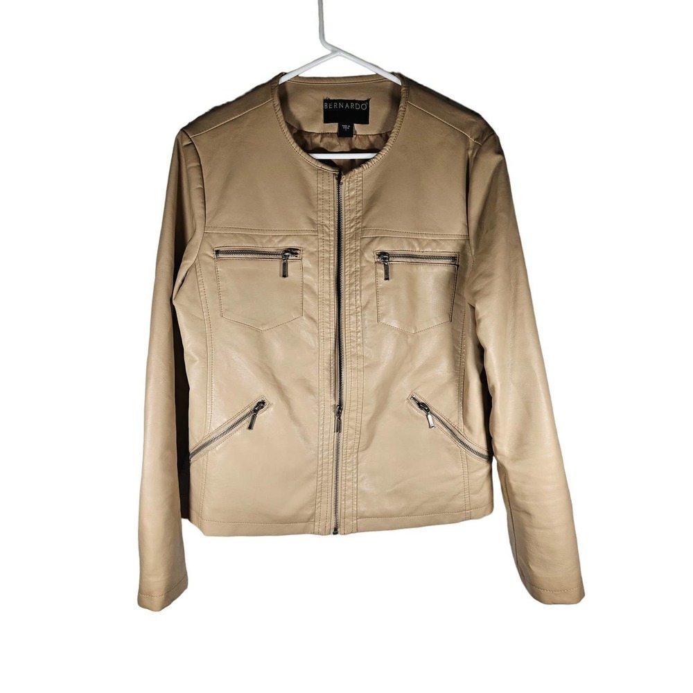 Bernardo Women's Faux Leather Jacket Tan Four Zipper Size Large Sleeve Zipper